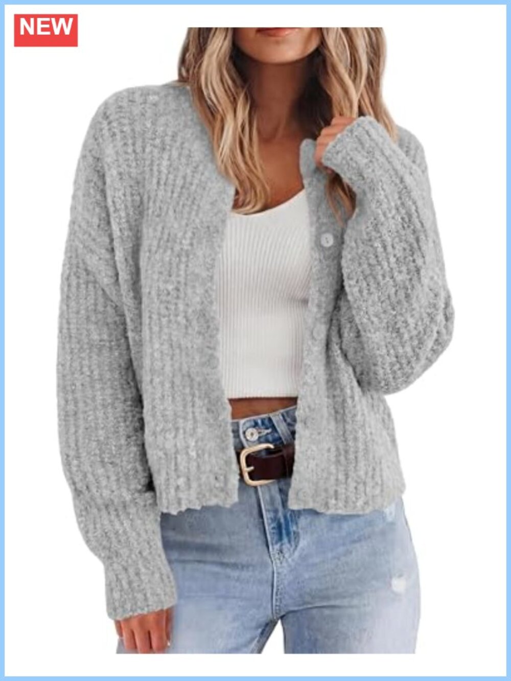 Chunky Knit Cropped Cardigan Button Down Long Sleeve Sweater